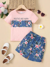 Young Girl Summer Casual Plant And Letter Printed Patchwork Short Sleeve T-Shirt And Shorts Set